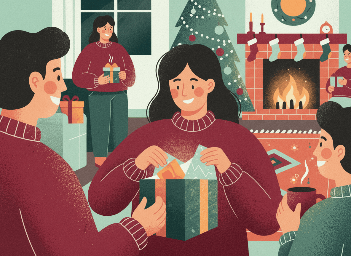 Familia intercambiando regalos alrededor del árbol de Navidad - Gift2Gift hace que organizar intercambios sea fácil y divertido