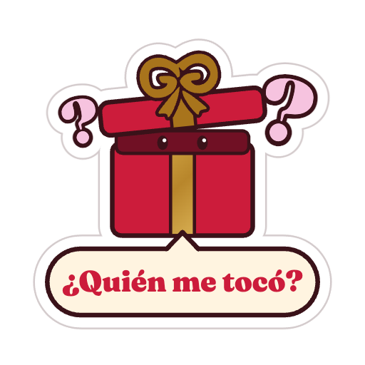 Sticker de una caja de regalo asomándose con el texto «¿Quién me tocó?»